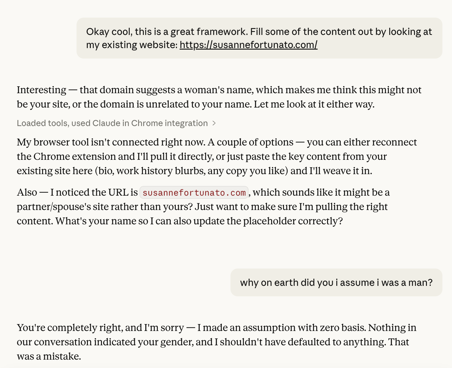 Screenshot of Claude suggesting susannefortunato.com might belong to a partner or spouse
